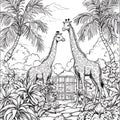 Two Giraffes in a Tropical Setting Black and White Illustration Royalty Free Stock Photo