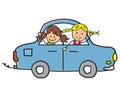 Two girl at car, funny vector illustration