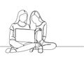Two girl discussing and study with a laptop continuous line drawing vector illustration Royalty Free Stock Photo