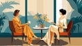 Two girl drinking coffee. Young stylish girl sitting in cafe. Vector flat illustration in the style of the seventies