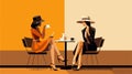 Two girl drinking coffee. Young stylish girl sitting in cafe. Vector flat illustration in the style of the seventies