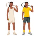 Two girl figures of black women's tennis player in a white dress and yellow sports uniform standing straig