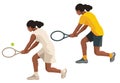 Two girl figures of a dark-skinned women's tennis player in a yellow and white uniform from the back serving the ball