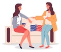 Two girl friends sitting on sofa drinking coffee and talking. Support and communication on meeting Royalty Free Stock Photo