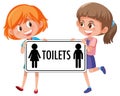 Two girl holding toilets sign isolated on white background