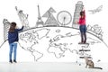 Two girl kids drawing global map and famous landmark Royalty Free Stock Photo