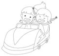 Two girl in racing car  black and white doodle character Royalty Free Stock Photo