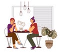 Two girlfriends chatting at a table in a restaurant or coffee shop, vector. Royalty Free Stock Photo