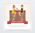 Two girlfriends drinking coffee n cafe, happy friends banner flat vector element for website or mobile app