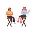 Two girlfriends having good time, talking and drinking cocktails illustration