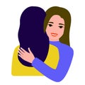 Two girlfriends are hugging, front and back view. Happy meeting women. Joint free time, communication. Woman friend. Vector