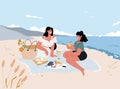 Two girlfriends make picnic on beach,rest together on holidays.Flat illustration