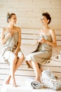 Two girlfriends relaxing in the sauna