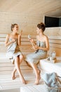 Two girlfriends relaxing in the sauna