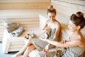 Two girlfriends relaxing in the sauna