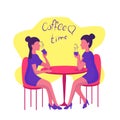Two girlfriends are sitting at a table, drinking coffee and talking. Friendly people characters in a cafe. Coffee time.