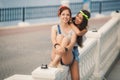 Two girlfriends spend time together in the city Royalty Free Stock Photo