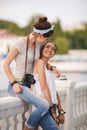 Two girlfriends spend time together in the city Royalty Free Stock Photo