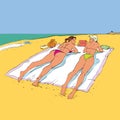 Two girlfriends sunbathing on the beach Royalty Free Stock Photo