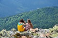 Two girls admire the view of the mountains Royalty Free Stock Photo