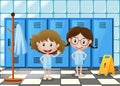 Two girls in bathtowel standing in locker room Royalty Free Stock Photo