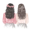 Two girls, best friends in pink blouses. Hand drawn illustration