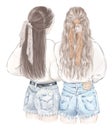 Two girls, best friends in sweatshirts and jeans shorts. Hand drawn illustration