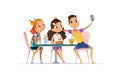 Two girls and boy meeting at the cafe a and taking selfie. Teenagers friends at the restaurant taking photo on phone Royalty Free Stock Photo