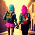 Two girls with brightly colored hair walking hand in hand away form the camera. AI Generated Royalty Free Stock Photo