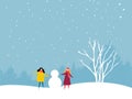 Two girls are building a snowman. Friends winter outdoor activity. Flat illustration