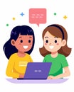 Two girls chat and laugh as they take turns typing lines of code on a shared laptop working on a collaborative project