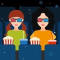 Two girls at the cinema in 3D glasses. Vector.