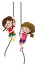 Two girls climbing rope