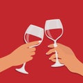 Two Girls Clinking Wine Glasses Over Red Background, Illustration, Closeup