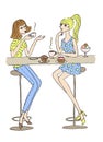 Two girls with coffee cups and cakes sittitn at the table in cafe and talking. Vector sketch Royalty Free Stock Photo