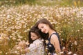 Two girls in dark blue and white dresses in sunny day sitting in chamomile field Royalty Free Stock Photo