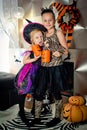 Two girls disguised as a tiger and as a witch are waiting for some candies in All Saints' Day. Royalty Free Stock Photo