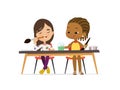 Two Girls Draw Pictures with watercolor paints. Isolated on a White Background. Drawing activity in the art class