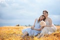 Two girls in dresses in autumn field Royalty Free Stock Photo