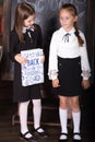 Back to school. Portrait of two girls, first graders.