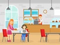 Two Girls Friends Eating Desserts at Table in Cafe, Cafeteria, Confectionery Interior Cartoon Vector Illustration Royalty Free Stock Photo