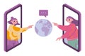 Two girls Girl touches the globe through a smartphones, cartoon style. Concept of global internet communication