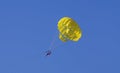 Two girls glide on a yellow parachute against a blue sky background