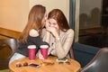 Two girls gossiping in a cafe bar Royalty Free Stock Photo