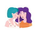 Two girls gossiping surprised, says rumors to other female character. One excited girl whispers secret to girlfriend