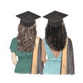 Two girls graduated, best friends hand drawn illustration