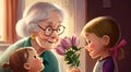 Two girls granddaughters give grandma a bouquet of flowers at home on a holiday