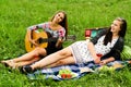 Two girls with guitar during picnic Royalty Free Stock Photo