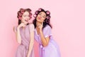 Two girls with hair curlers. They are celebrating women`s day March 8. Royalty Free Stock Photo
