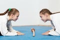 Two girls in hakama bow on Aikido training Royalty Free Stock Photo